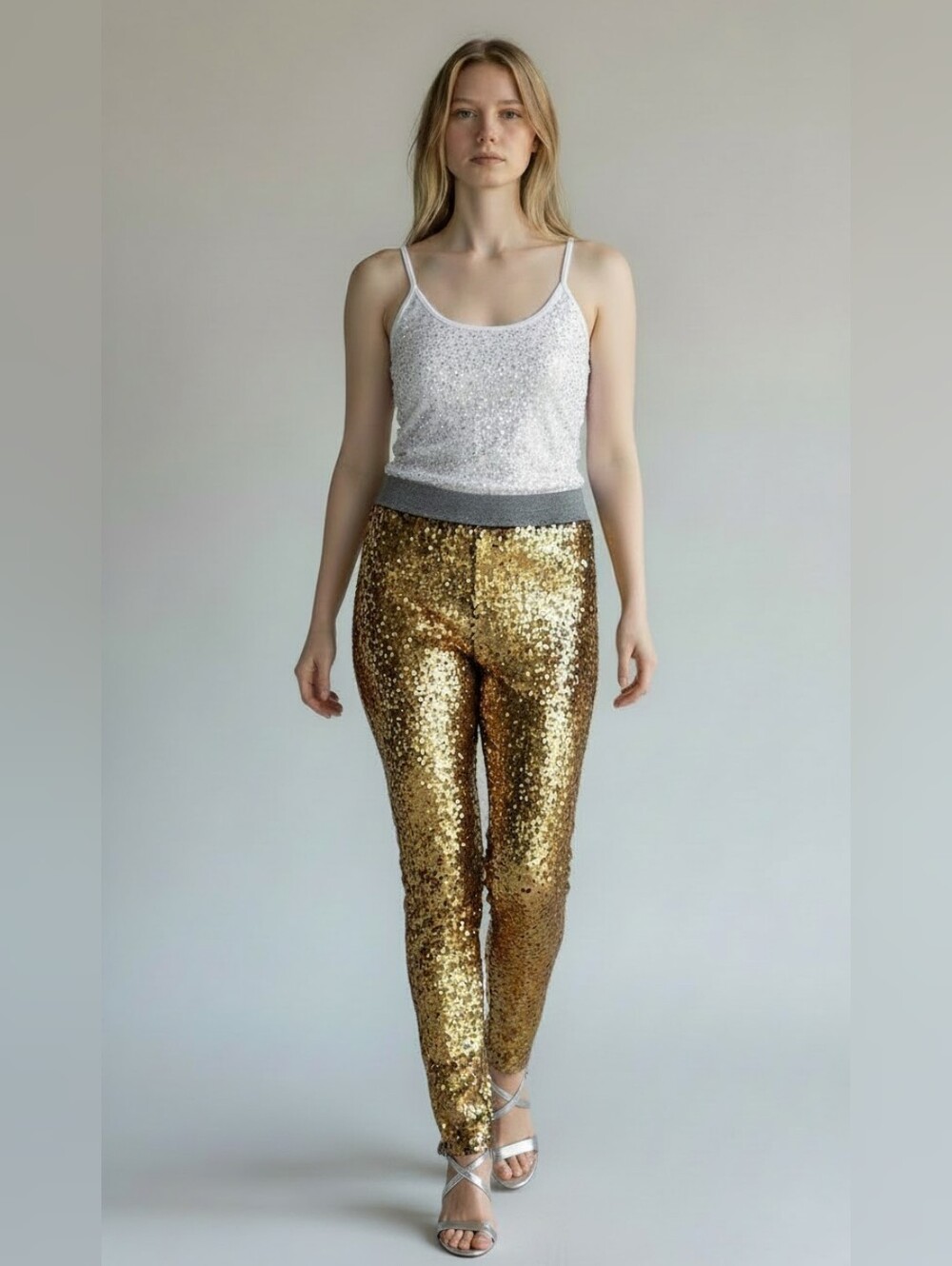 NWT Gold Sequin Skinny Pants with Silver Elastic Waistband Misses Size Small